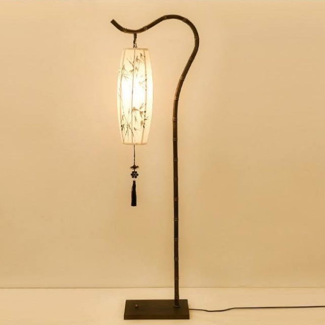Traditional Chinese Zen Bamboo Painting Fabric Arc Iron Base 1-Light Standing Floor Lamp For Home Office Lumendat