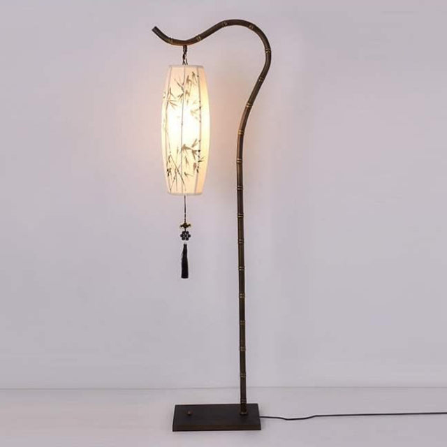 Traditional Chinese Zen Bamboo Painting Fabric Arc Iron Base 1-Light Standing Floor Lamp For Home Office Lumendat