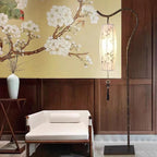 Traditional Chinese Zen Bamboo Painting Fabric Arc Iron Base 1-Light Standing Floor Lamp For Home Office Lumendat