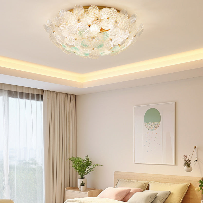 Modern Art Deco Petal Glass Iron Round 6-light Semi-flush Mount Ceiling Light for Living Room
