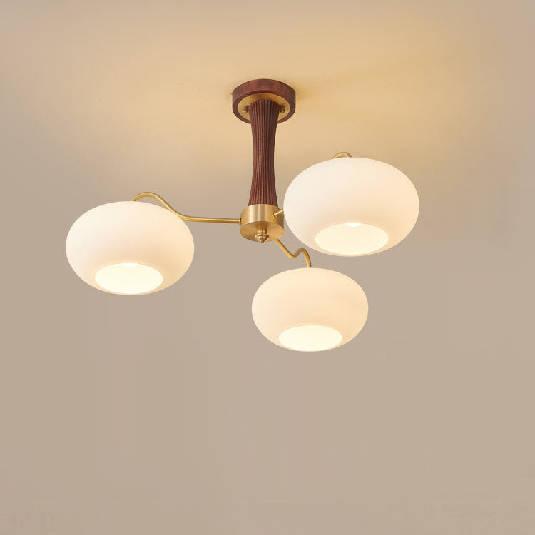 Traditional French Walnut Brass Frame Glass Persimmon Shade 3/5-light Semi-flush Mount Ceiling Light for Living Room