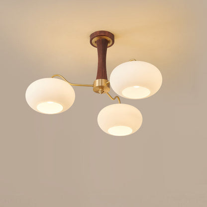 Traditional French Walnut Brass Frame Glass Persimmon Shade 3/5-light Semi-flush Mount Ceiling Light for Living Room