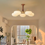 Traditional French Walnut Brass Frame Glass Persimmon Shade 3/5-light Semi-flush Mount Ceiling Light for Living Room