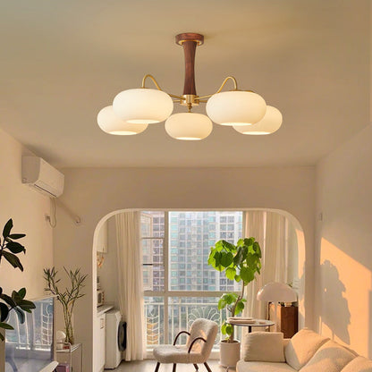 Traditional French Walnut Brass Frame Glass Persimmon Shade 3/5-light Semi-flush Mount Ceiling Light for Living Room
