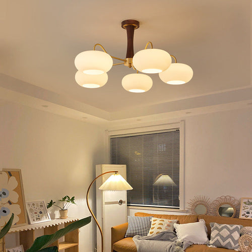 Traditional French Walnut Brass Frame Glass Persimmon Shade 3/5-light Semi-flush Mount Ceiling Light for Living Room