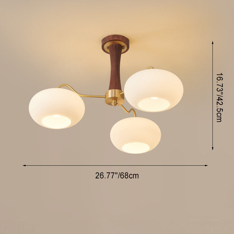 Traditional French Walnut Brass Frame Glass Persimmon Shade 3/5-light Semi-flush Mount Ceiling Light for Living Room