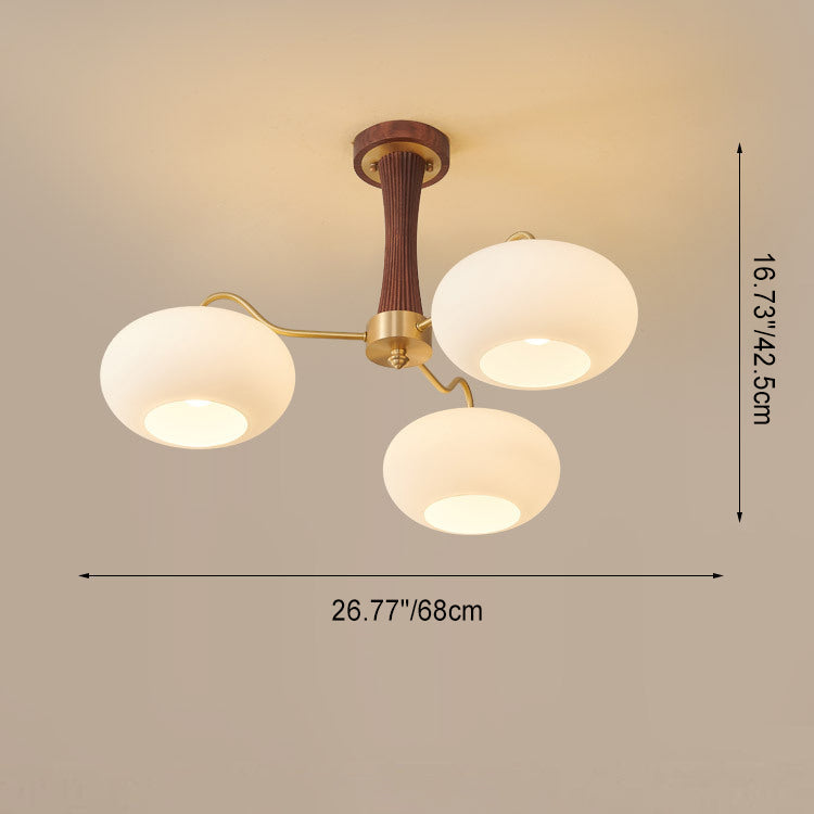 Traditional French Walnut Brass Frame Glass Persimmon Shade 3/5-light Semi-flush Mount Ceiling Light for Living Room