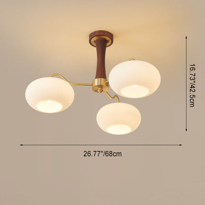 Traditional French Walnut Brass Frame Glass Persimmon Shade 3/5-light Semi-flush Mount Ceiling Light for Living Room