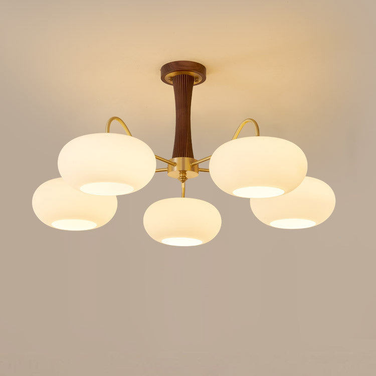 Traditional French Walnut Brass Frame Glass Persimmon Shade 3/5-light Semi-flush Mount Ceiling Light for Living Room