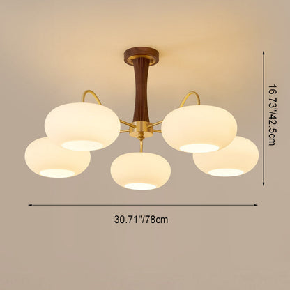 Traditional French Walnut Brass Frame Glass Persimmon Shade 3/5-light Semi-flush Mount Ceiling Light for Living Room