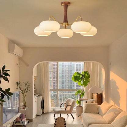 Traditional French Walnut Brass Frame Glass Persimmon Shade 3/5-light Semi-flush Mount Ceiling Light for Living Room