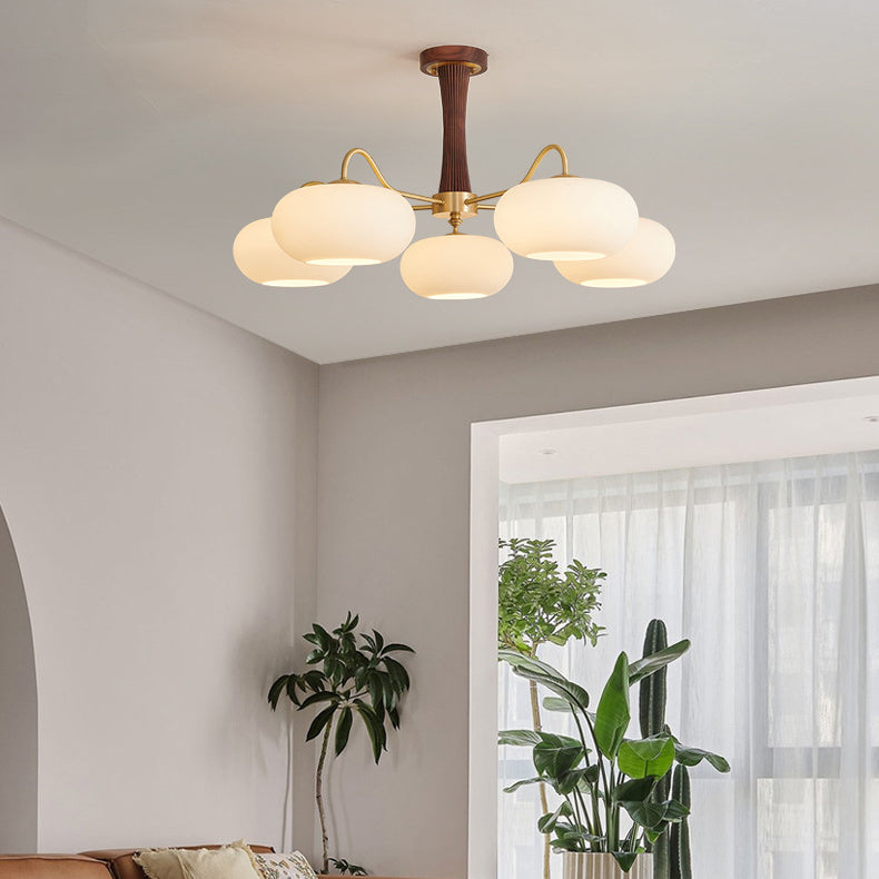 Traditional French Walnut Brass Frame Glass Persimmon Shade 3/5-light Semi-flush Mount Ceiling Light for Living Room