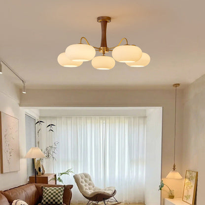 Traditional French Walnut Brass Frame Glass Persimmon Shade 3/5-light Semi-flush Mount Ceiling Light for Living Room