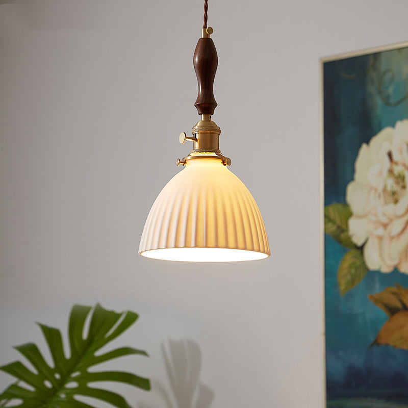 Traditional Japanese Wood Ceramic Round 1-light Pendant Light for Living Room