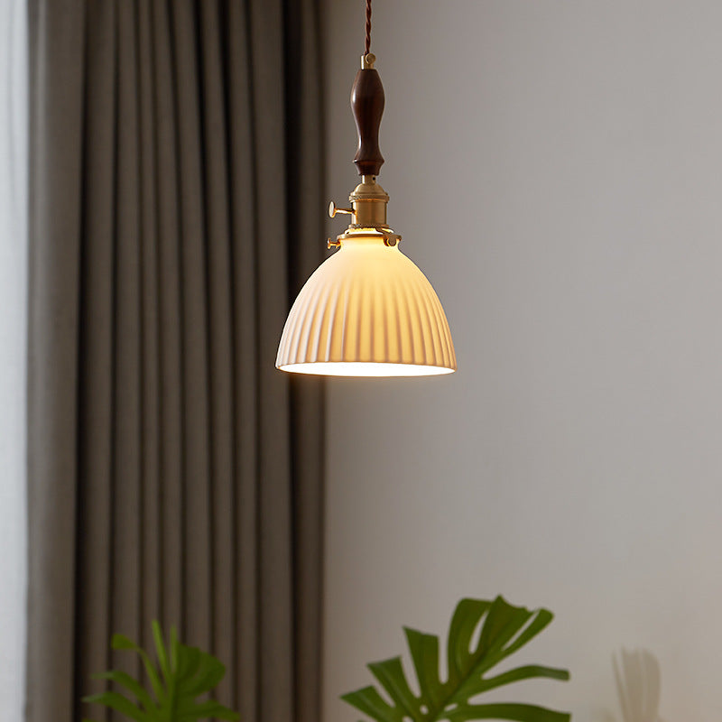 Traditional Japanese Wood Ceramic Round 1-light Pendant Light for Living Room