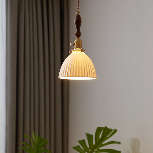 Traditional Japanese Wood Ceramic Round 1-light Pendant Light for Living Room