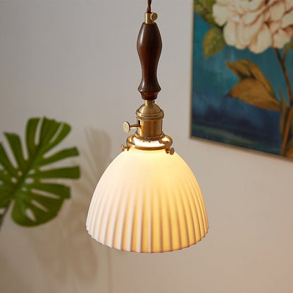 Traditional Japanese Wood Ceramic Round 1-light Pendant Light for Living Room