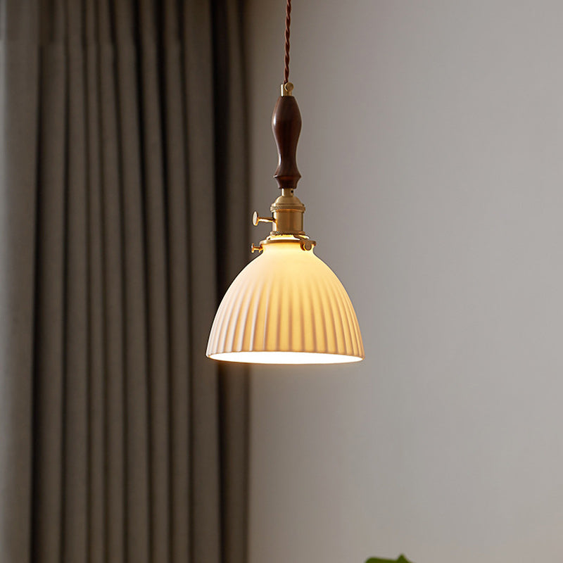 Traditional Japanese Wood Ceramic Round 1-light Pendant Light for Living Room