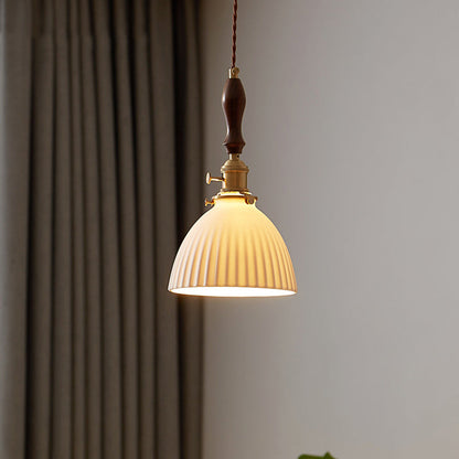 Traditional Japanese Wood Ceramic Round 1-light Pendant Light for Living Room