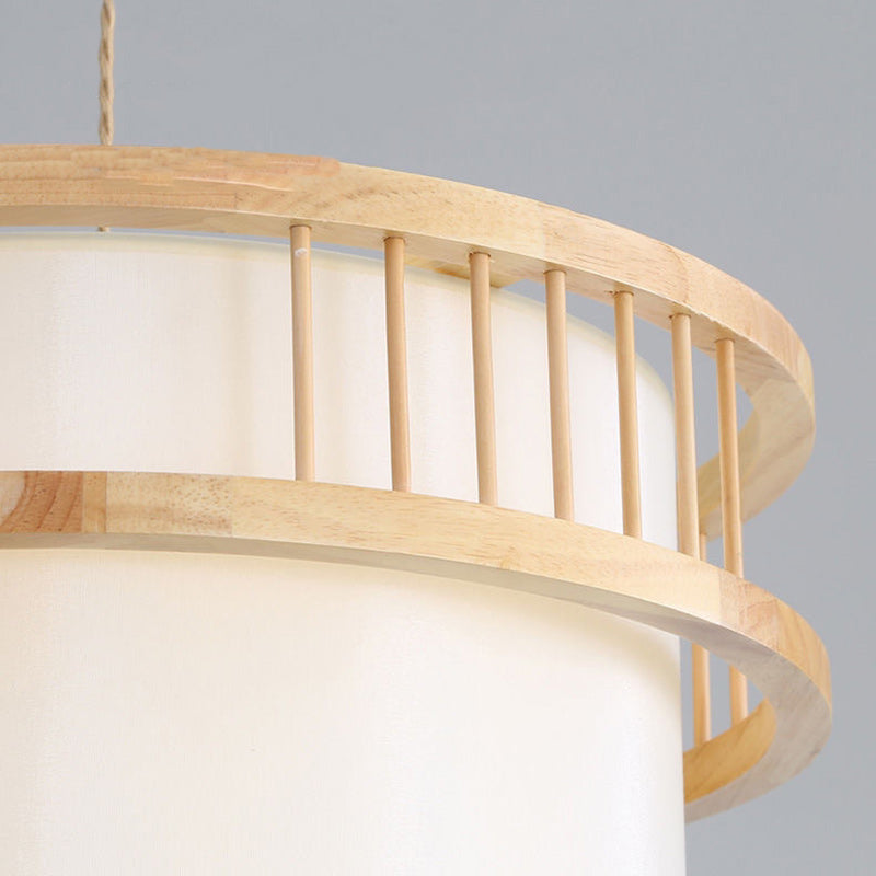 Traditional Japanese Wood Fabric Round Shade 1/4-light Chandelier for Dining Room BulbSquare
