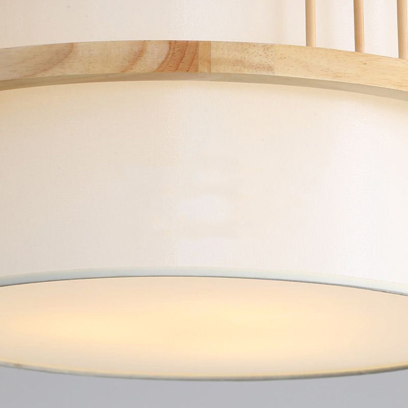 Traditional Japanese Wood Fabric Round Shade 1/4-light Chandelier for Dining Room