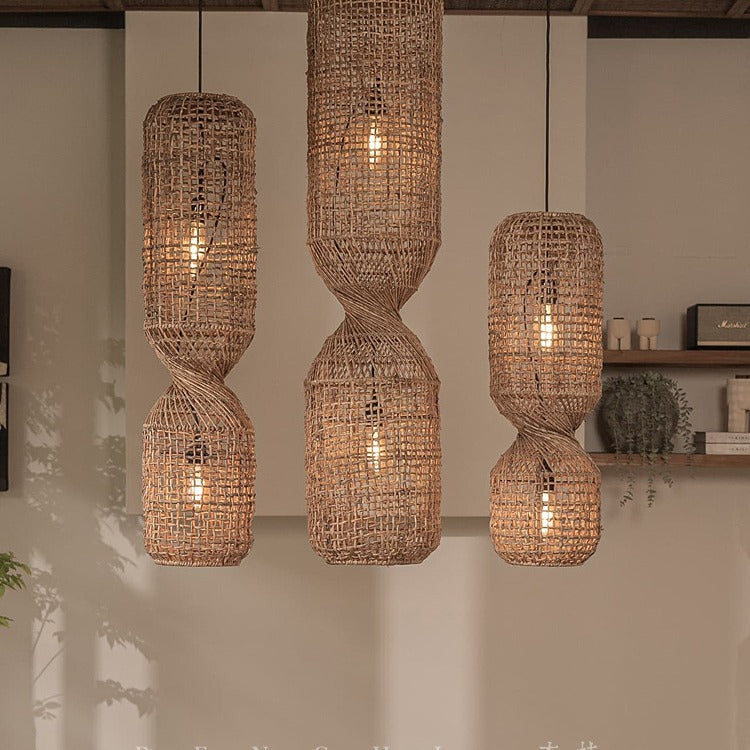 Traditional Japanese Chinoiserie Knob Cylindrical Rattan Weaving 1-light Pendant Light for Entertainment Rooms BulbSquare
