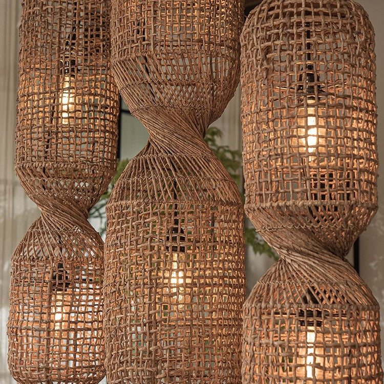 Traditional Japanese Chinoiserie Knob Cylindrical Rattan Weaving 1-light Pendant Light for Entertainment Rooms BulbSquare
