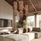 Traditional Japanese Chinoiserie Knob Cylindrical Rattan Weaving 1-light Pendant Light for Entertainment Rooms BulbSquare