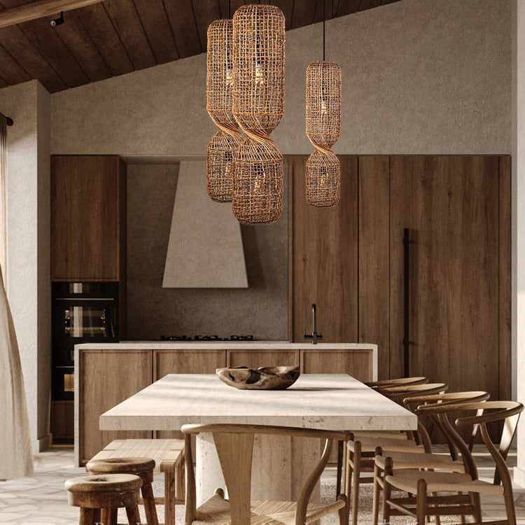 Traditional Japanese Chinoiserie Knob Cylindrical Rattan Weaving 1-light Pendant Light for Entertainment Rooms BulbSquare