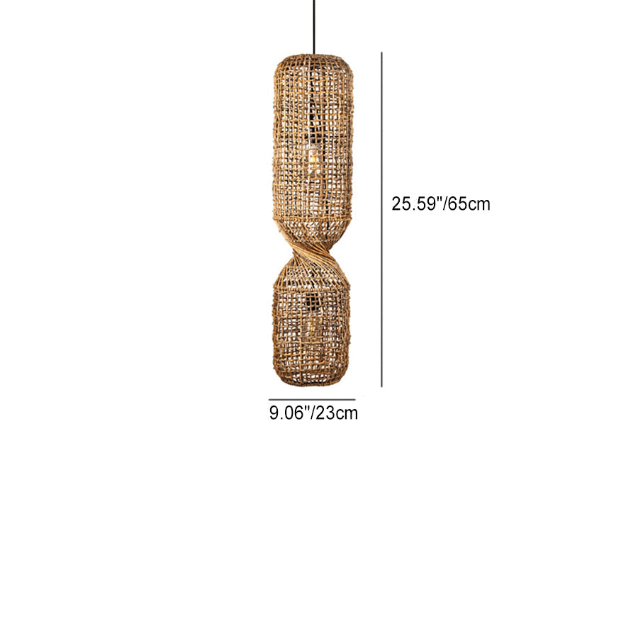 Traditional Japanese Chinoiserie Knob Cylindrical Rattan Weaving 1-light Pendant Light for Entertainment Rooms BulbSquare