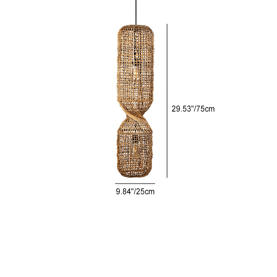 Traditional Japanese Chinoiserie Knob Cylindrical Rattan Weaving 1-light Pendant Light for Entertainment Rooms BulbSquare