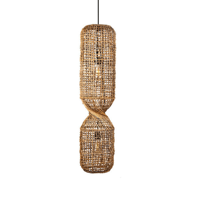 Traditional Japanese Chinoiserie Knob Cylindrical Rattan Weaving 1-light Pendant Light for Entertainment Rooms BulbSquare