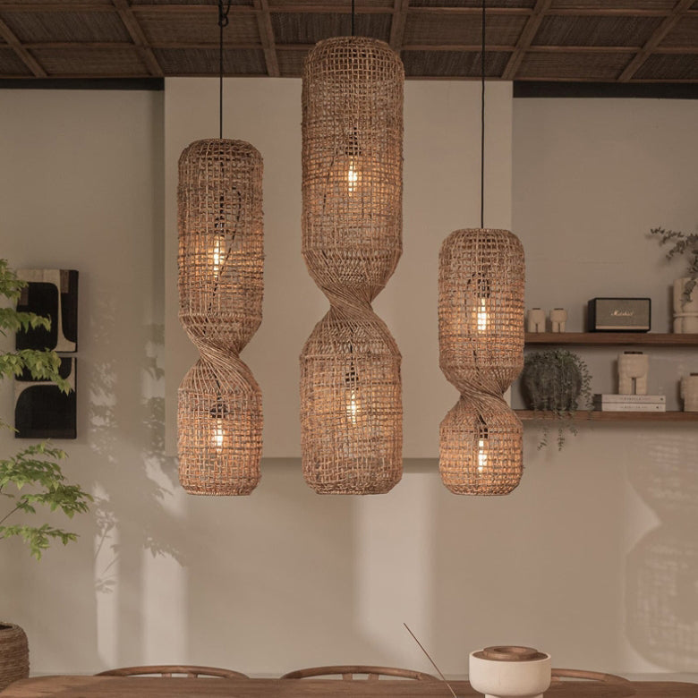 Traditional Japanese Chinoiserie Knob Cylindrical Rattan Weaving 1-light Pendant Light for Entertainment Rooms BulbSquare