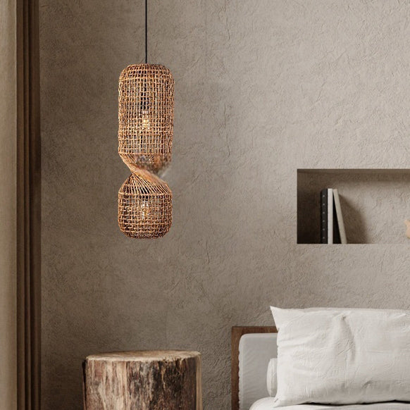 Traditional Japanese Chinoiserie Knob Cylindrical Rattan Weaving 1-light Pendant Light for Entertainment Rooms BulbSquare