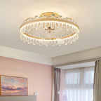 Modern Luxury Round Crystal ABS Fan Blade LED Semi-Flush Mount Ceiling Fan Light Living Room