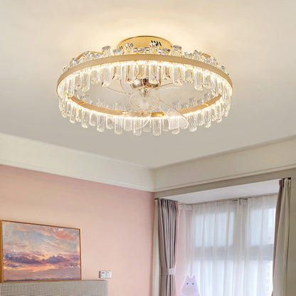Modern Luxury Round Crystal ABS Fan Blade LED Semi-Flush Mount Ceiling Fan Light Living Room