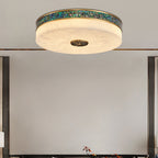 Traditional Chinese Abalone Shell Decor Marble Round Shade LED Flush Mount Ceiling Light For Bedroom