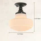 Traditional French Striped White Jade Glass Round Shade Alloy 1-Light Semi-Flush Mount Ceiling Light For Living Room