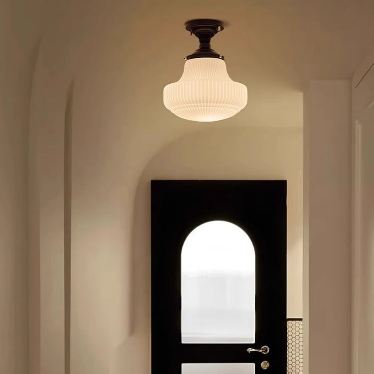 Traditional French Striped White Jade Glass Round Shade Alloy 1-Light Semi-Flush Mount Ceiling Light For Living Room