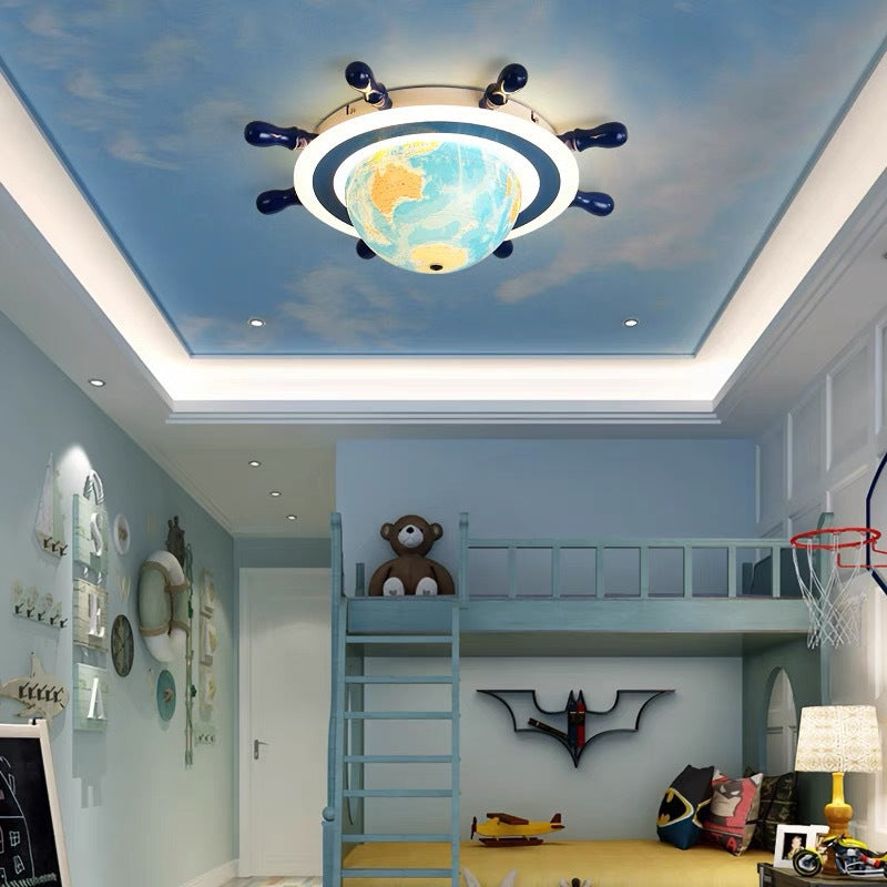 Lumendat Contemporary Creative Iron Resin Cartoon Spinning Globe Ship Rudder LED Kids Flush Mount Ceiling Light For Bedroom Lumendat