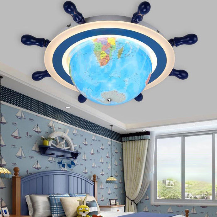Lumendat Contemporary Creative Iron Resin Cartoon Spinning Globe Ship Rudder LED Kids Flush Mount Ceiling Light For Bedroom Lumendat