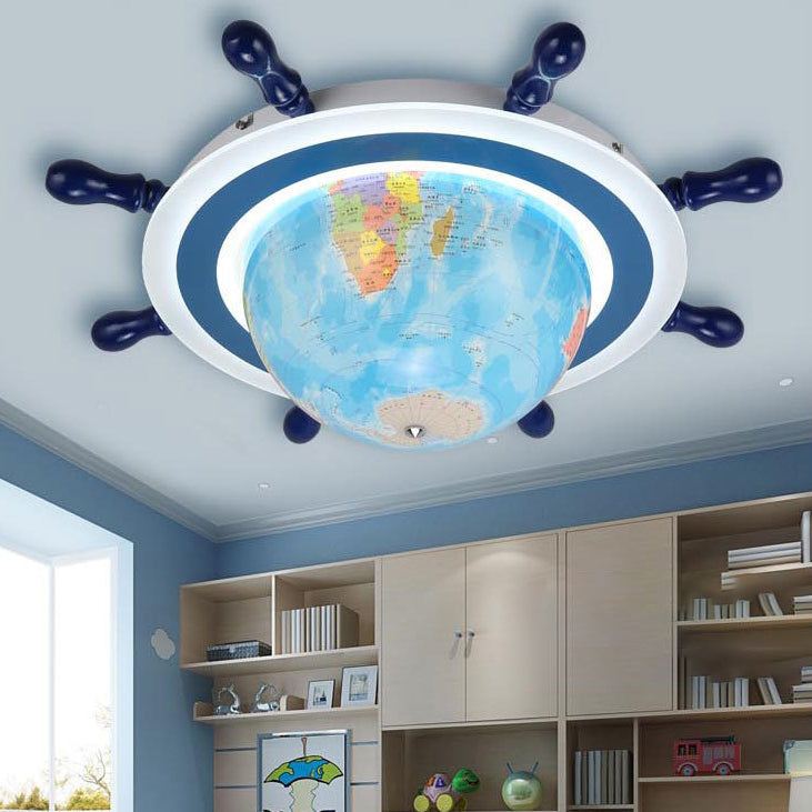 Lumendat Contemporary Creative Iron Resin Cartoon Spinning Globe Ship Rudder LED Kids Flush Mount Ceiling Light For Bedroom Lumendat