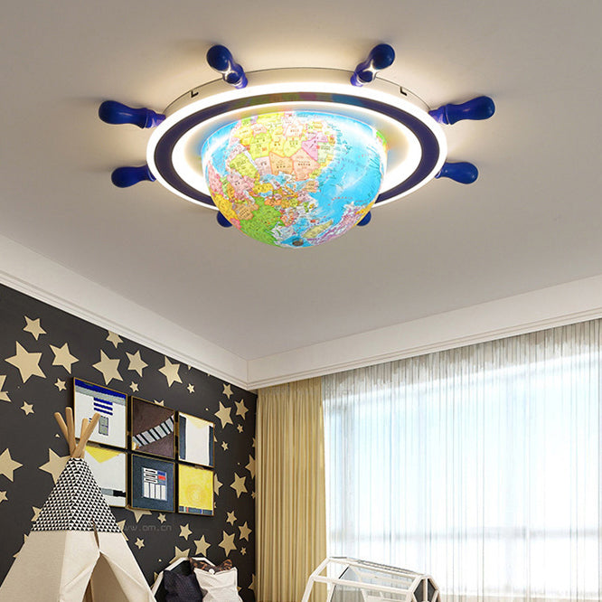 Lumendat Contemporary Creative Iron Resin Cartoon Spinning Globe Ship Rudder LED Kids Flush Mount Ceiling Light For Bedroom Lumendat