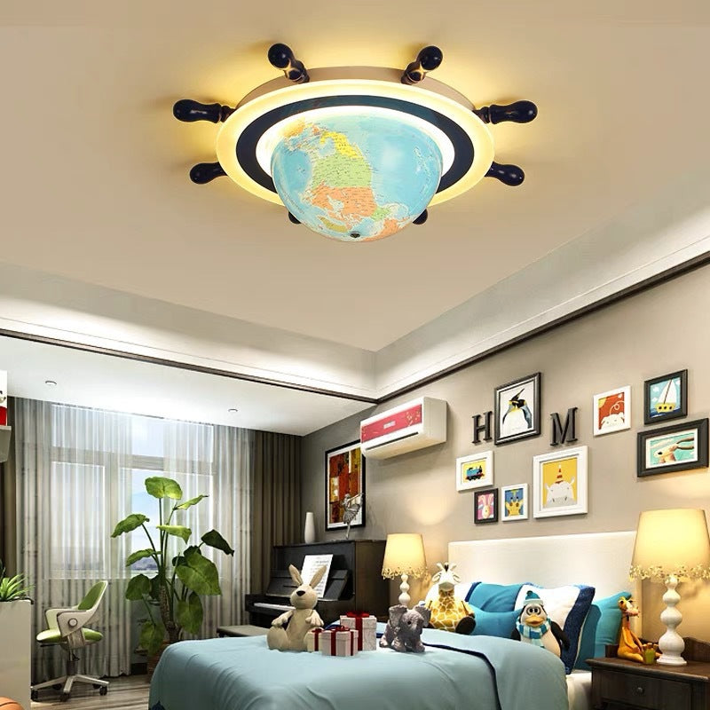 Lumendat Contemporary Creative Iron Resin Cartoon Spinning Globe Ship Rudder LED Kids Flush Mount Ceiling Light For Bedroom Lumendat