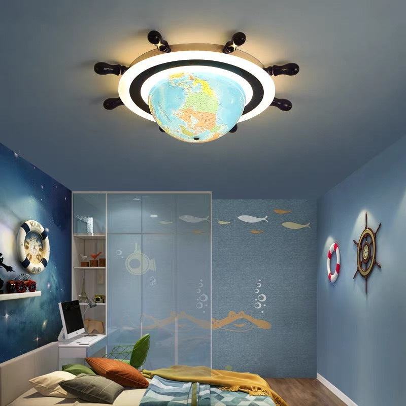 Lumendat Contemporary Creative Iron Resin Cartoon Spinning Globe Ship Rudder LED Kids Flush Mount Ceiling Light For Bedroom Lumendat