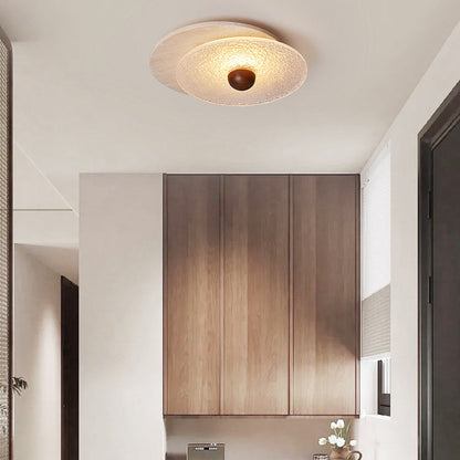 Traditional Japanese Travertine Round Water Ripple Glass Shade LED Flush Mount Ceiling Light For Living Room