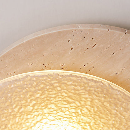 Traditional Japanese Travertine Round Water Ripple Glass Shade LED Flush Mount Ceiling Light For Living Room