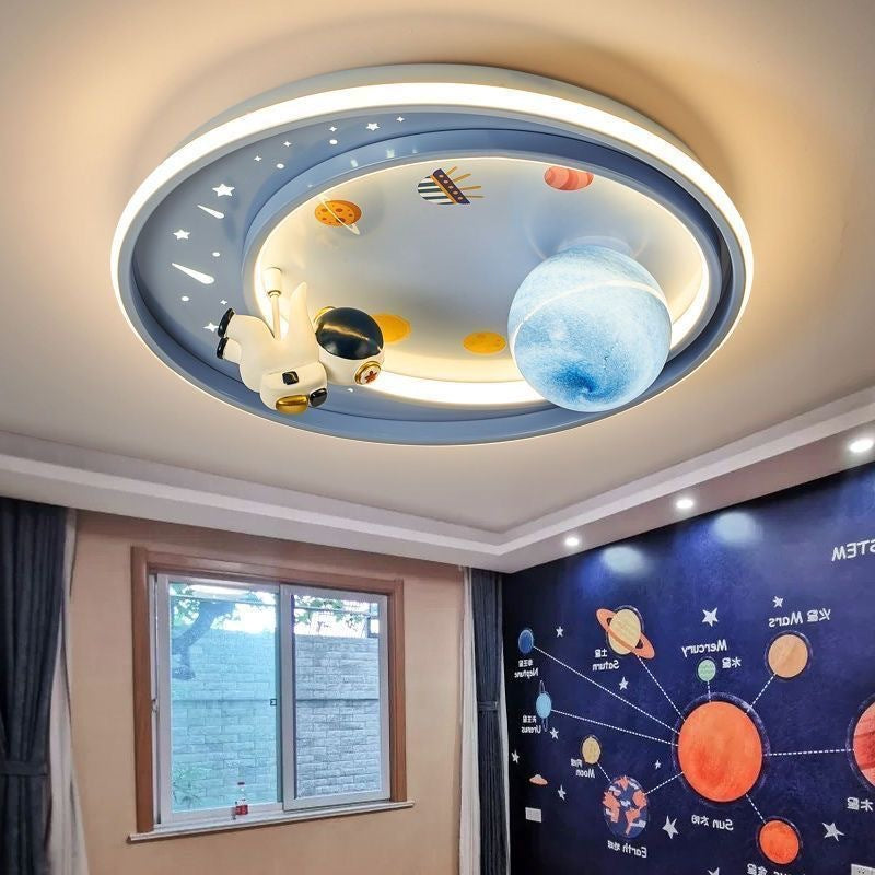 Contemporary Creative Iron Acrylic Cartoon Astronaut Spaceman Planet LED Flush Mount Ceiling Light For Living Room