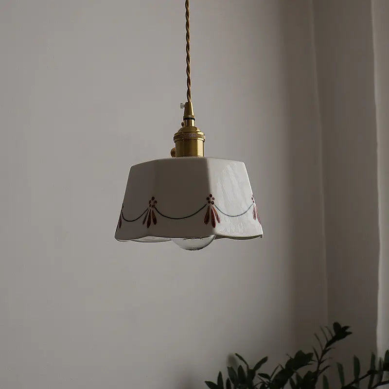 Traditional French Antique Brass Glazed Printed Ceramic Round 1-light Pendant Light for Living Room Lumendat