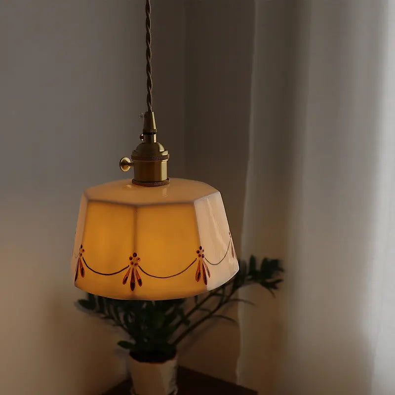 Traditional French Antique Brass Glazed Printed Ceramic Round 1-light Pendant Light for Living Room Lumendat